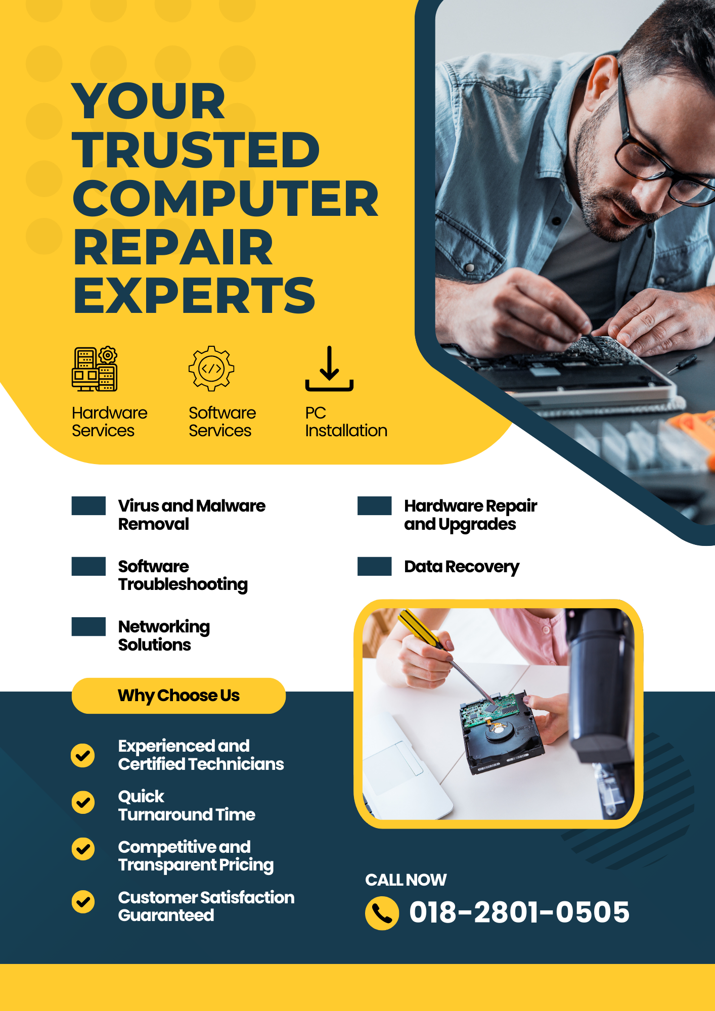 Blue Yellow Modern Computer Repair Service Flyers